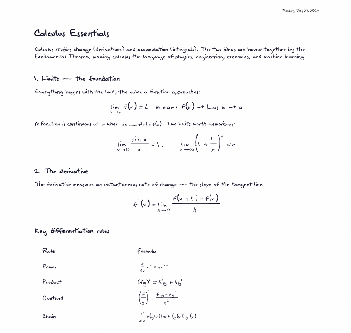 A full page of handwritten mathematical notes on lined paper, generated by aipen.ink, with equations and short explanations
