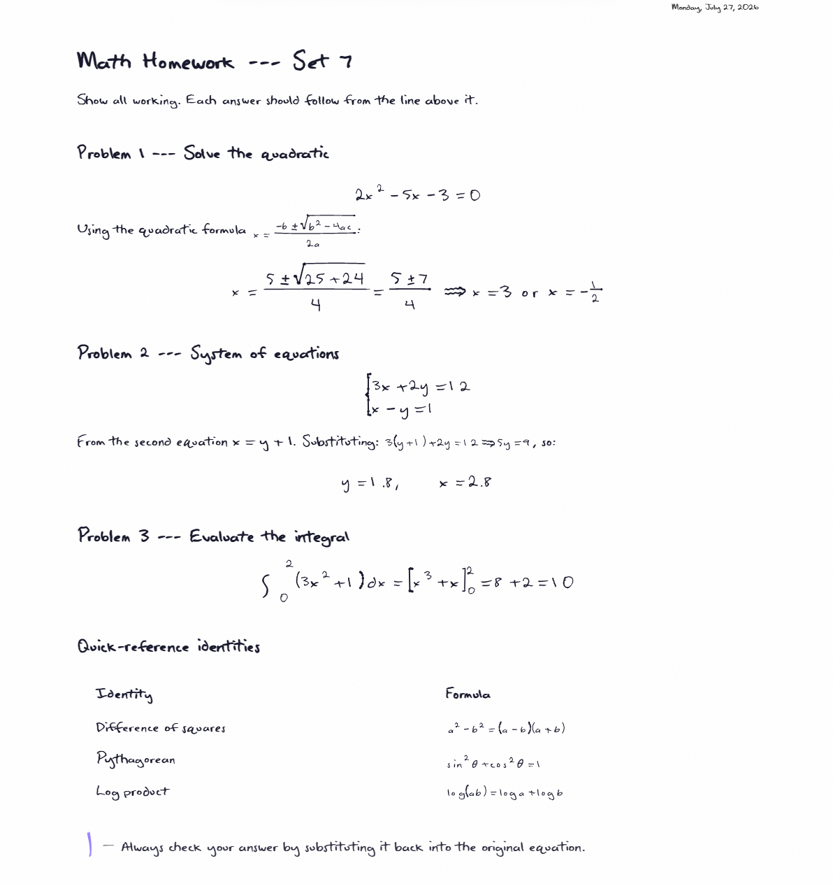 Handwritten calculus page with an integral, stacked fractions and a worked solution, generated as ink math by aipen.ink