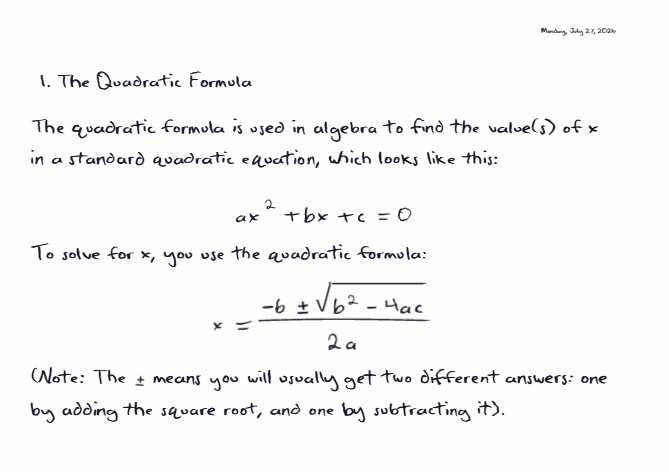 The same quadratic formula rendered as realistic handwritten ink math with naturally varying letters