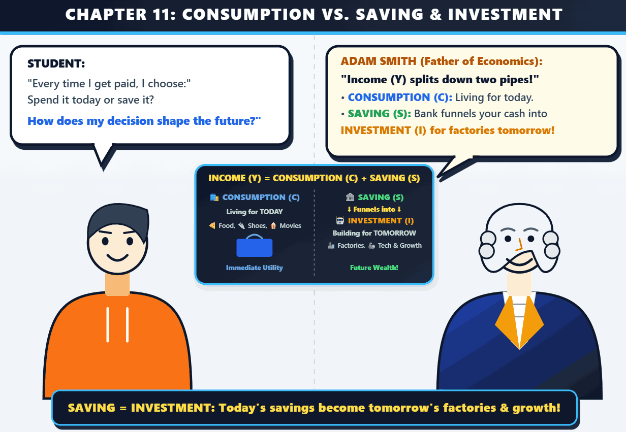 Chapter 11: To Spend or To Save, illustrated handwritten economics notes