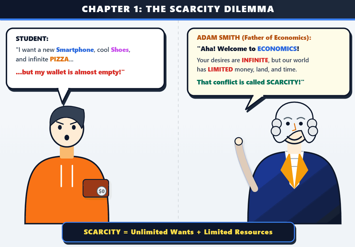 Chapter 1: The Infinite Hunger vs Limited Pizza, illustrated handwritten economics notes