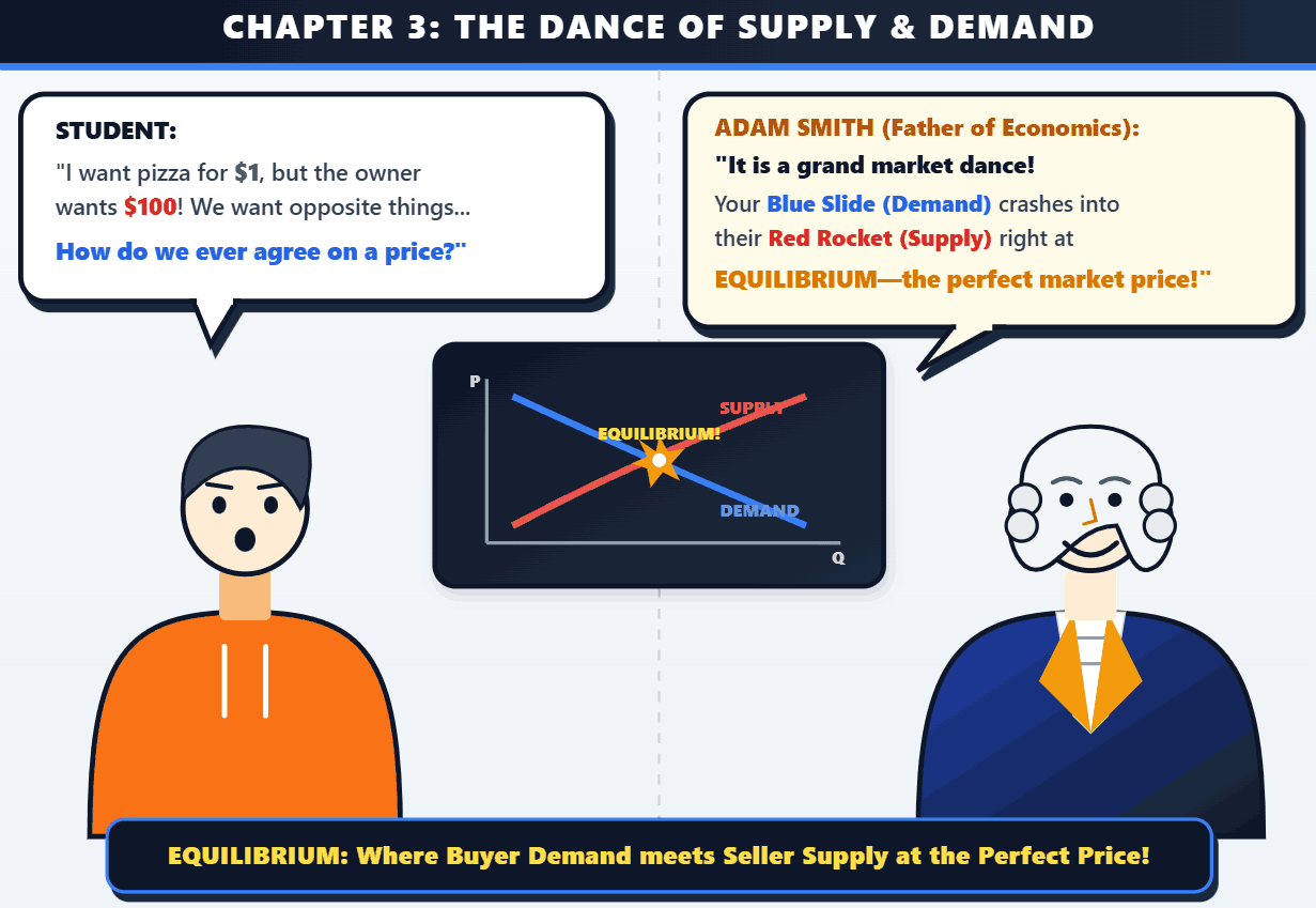 Chapter 3: The Dance of Supply and Demand, illustrated handwritten economics notes