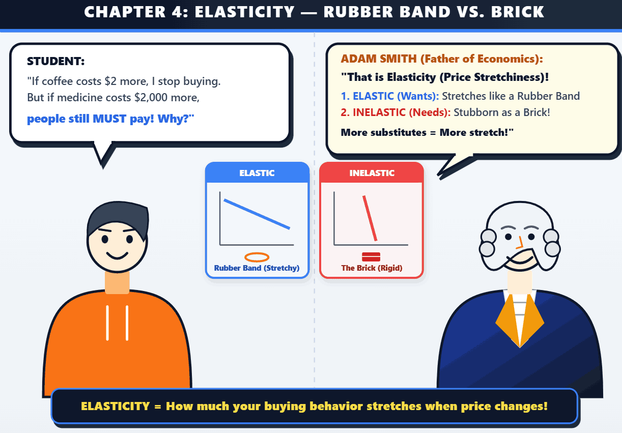 Chapter 4: Elasticity: The Rubber Band vs The Brick, illustrated handwritten economics notes