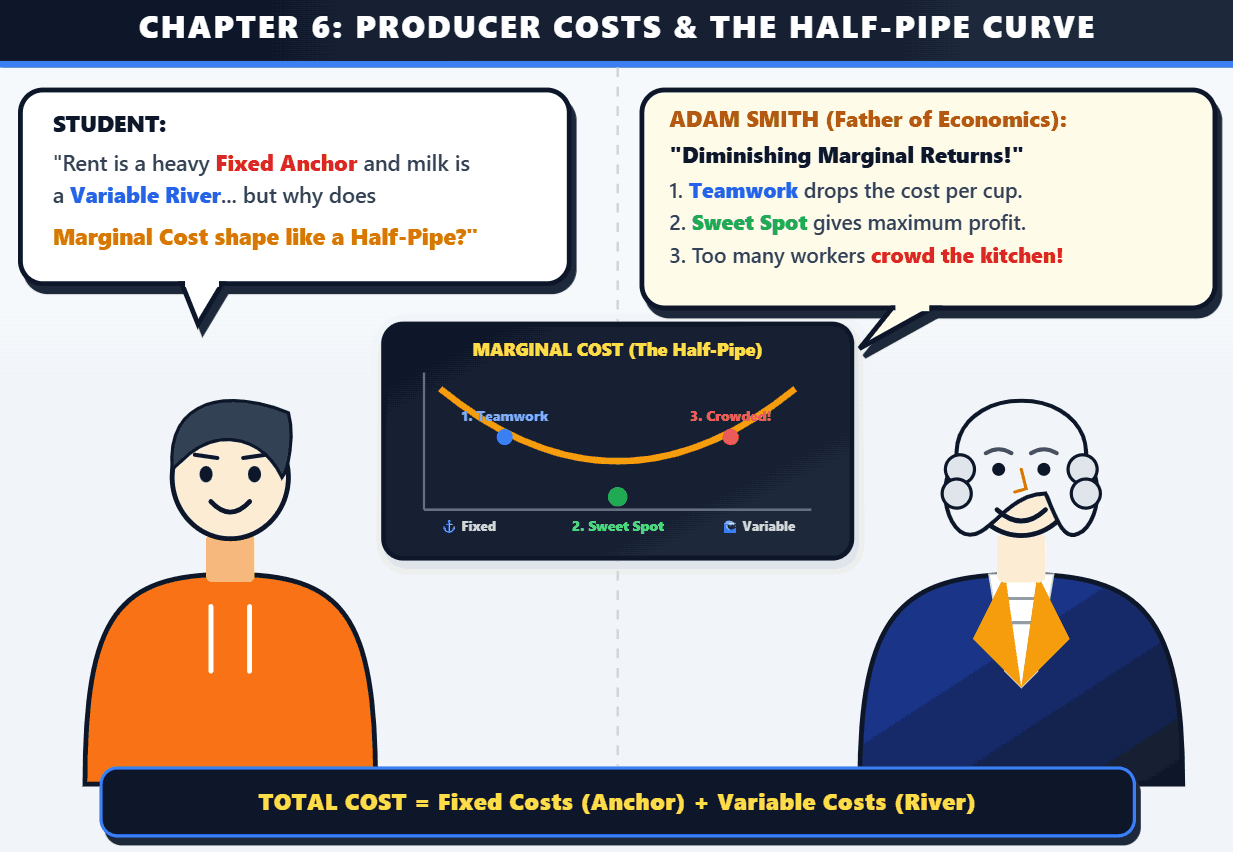 Chapter 6: Behind the Factory Doors, illustrated handwritten economics notes
