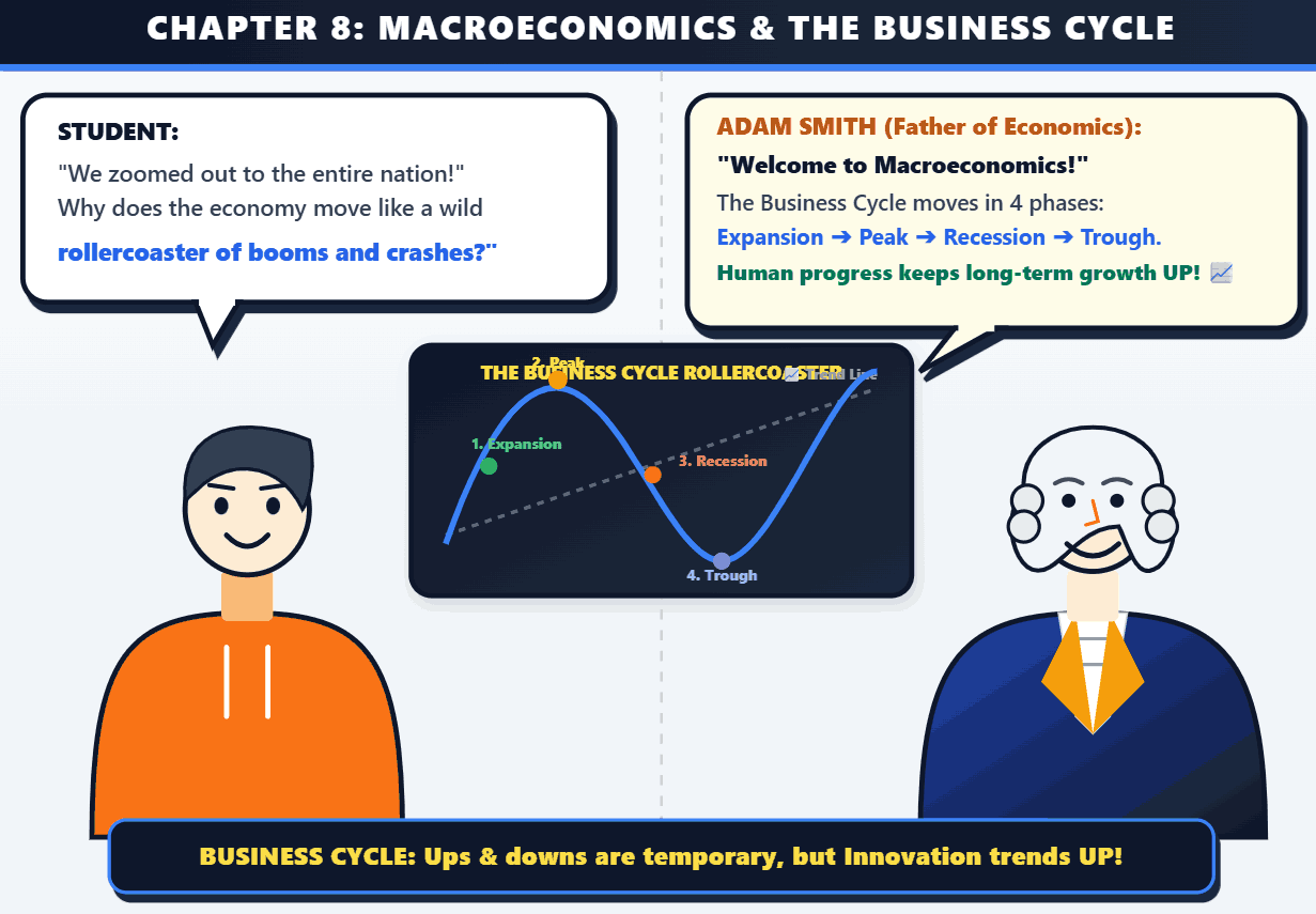 Chapter 8: The Economic Rollercoaster, illustrated handwritten economics notes