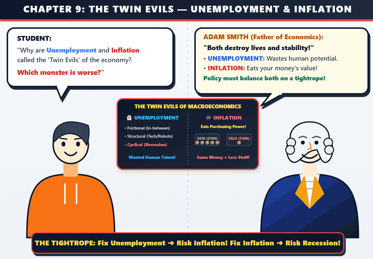 Chapter 9: The Twin Evils, illustrated handwritten economics notes